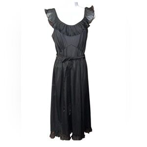 Vintage Black Nylon Sleeveless Ruffle Belted Flirty Dress EUC